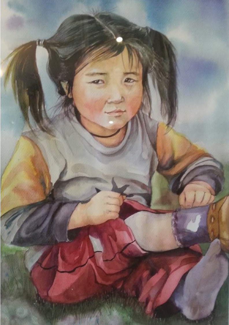 Aquarell eines mongolischen Kindes, das nach einem Reitunfall weint