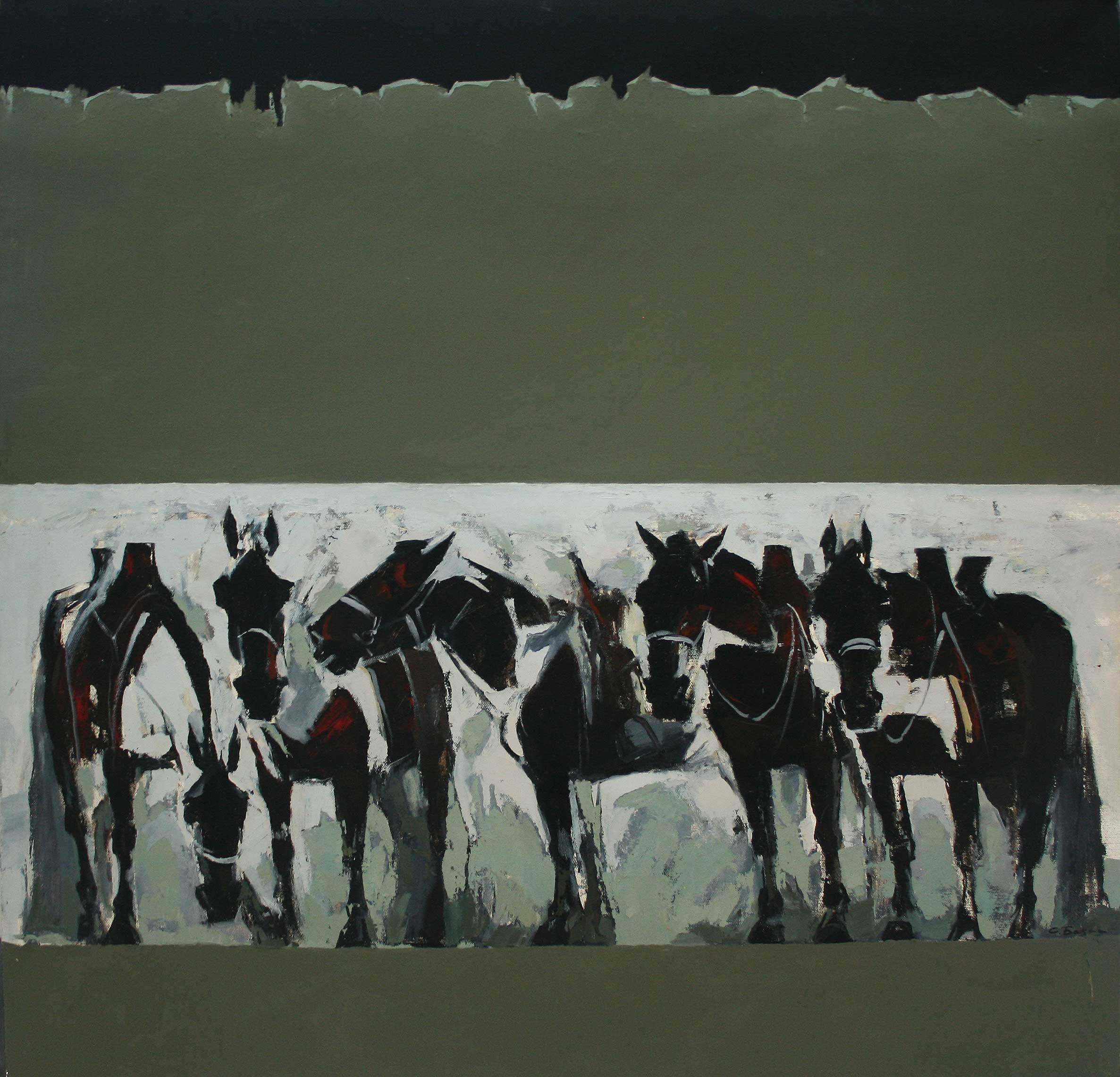 Pferde in einer Schwarz-Weiß-Malerei